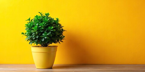 Fototapeta premium Vibrant Green Plant in a Bright Yellow Flower Pot Against a Cheerful Yellow Background - Perfect for Home Decor and Nature Lovers
