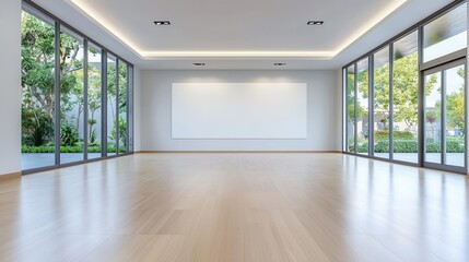 Fototapeta premium Spacious modern room with large windows and wooden flooring, white wall background.