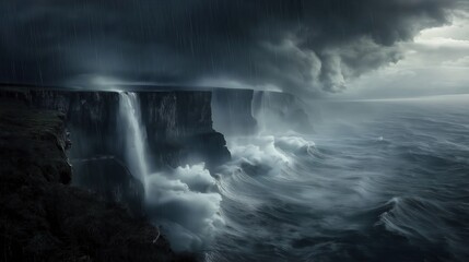 Obraz premium Massive Ocean Waves Crash Against Rugged Coastal Cliffs in Heavy Rain Under a Dark and Stormy Sky With Mist Rising From the Turbulent Sea