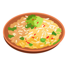 Fried rice illustration vector, rice dish with vegetables in a plate, fried rice clip art isolated on white backround