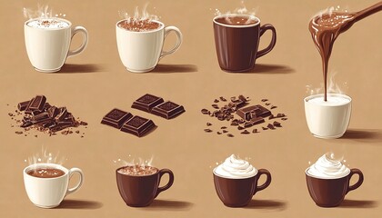 Obraz premium A collage of various steps in the process, such as melting chocolate bars and pouring them into mugs for hot cocoa or milk drinks, generative ai