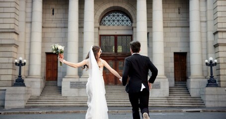 City, walking and back of couple for wedding at town hall for marriage certificate, ceremony and...