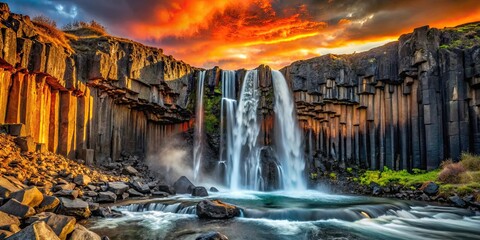 Impressive waterfall with layers of lava and basalt , waterfall, lava, basalt, layers, scenic, nature