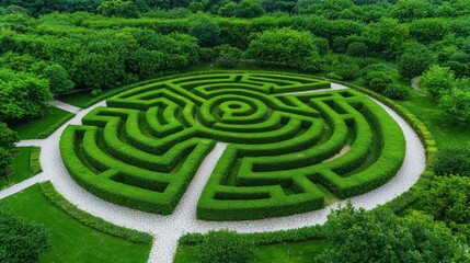 Naklejka premium Aerial view of a lush green maze surrounded by trees and pathways.