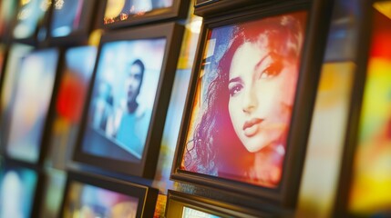 A series of photo frames with blurred cultural icons symbolizing media influence on cultural identity