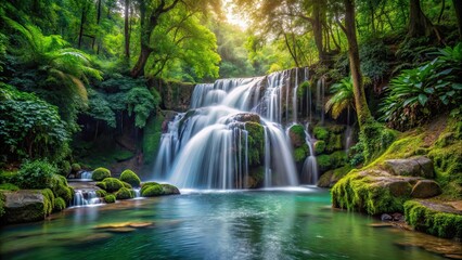 Serene waterfall cascading in lush forest setting, waterfall, forest, nature, peaceful, scenic, landscape, trees