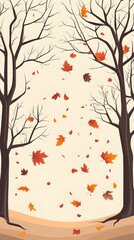 Fototapeta premium Fall leaves falling between two bare trees with a cream background.