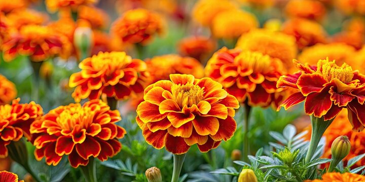 French marigold flowers in full bloom in a vibrant flowerbed , Tagetes patula