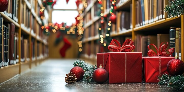 Christmas gifts in library with festive decorations