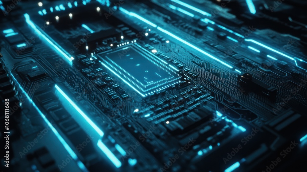Poster a close-up view of a glowing blue circuit board with a central processor.