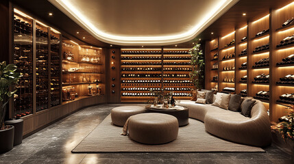 row of sleek, modern wine racks with assorted wine bottles neatly organized, symbolizing sophistication, luxury, and refined taste. This arrangement reflects elegance and an appreciation for fine wine