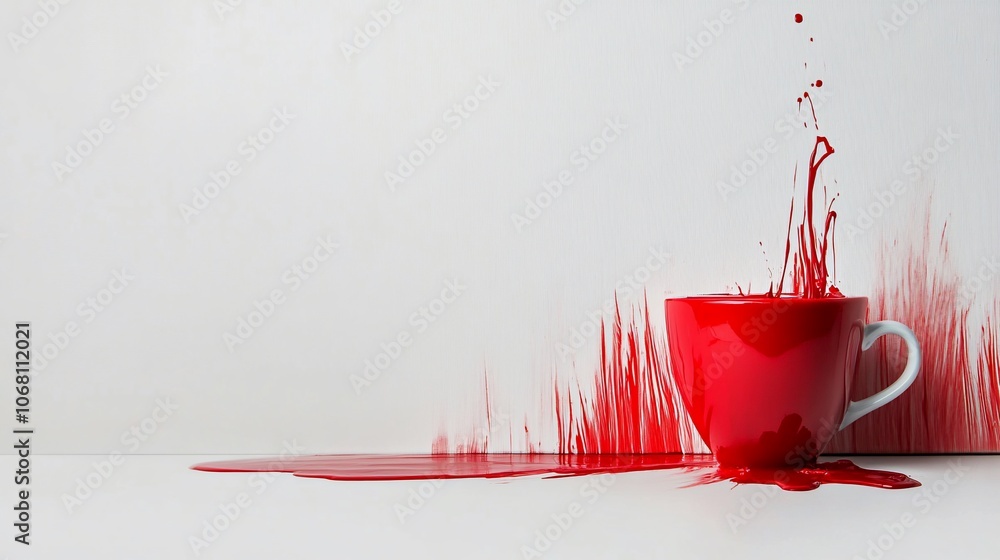 Poster a red cup overflowing with liquid, creating a splash and a pool of red liquid on a white background.