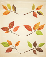 Six autumn branches with leaves in various shades of red, orange, yellow, and green.