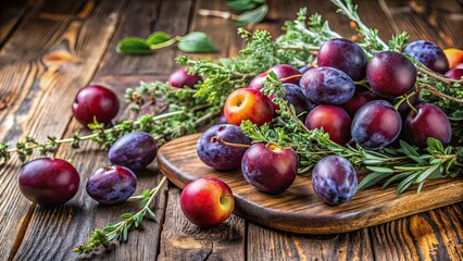 Davidson Plum with Wild Thyme fruits and herb on a rustic table, Davidson Plum, Wild Thyme, fruits, herb, ingredients, food