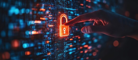 Fototapeta premium Cybersecurity Concept with Digital Lock and Hand Touching Futuristic Interface Representing Data Protection and Online Security