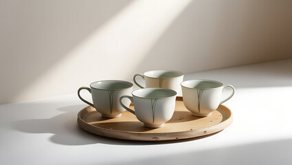 Minimalist Tea Set Mock-Up with Ceramic Cups and a Bamboo Tray, Styled on a White Background with Natural Shadows