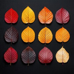 Colorful autumn leaves arranged in a grid on a dark background.