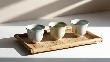 Fototapeta premium Minimalist Tea Set Mock-Up with Ceramic Cups and a Bamboo Tray, Styled on a White Background with Natural Shadows
