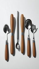  Minimalist Kitchen Utensil Set Mock-Up with Wooden Handles and Stainless Steel Heads, Arranged on a Plain Background