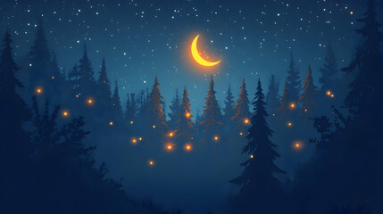 Naklejka premium A crescent moon shines over a dark forest, with fireflies illuminating the trees and the ground.