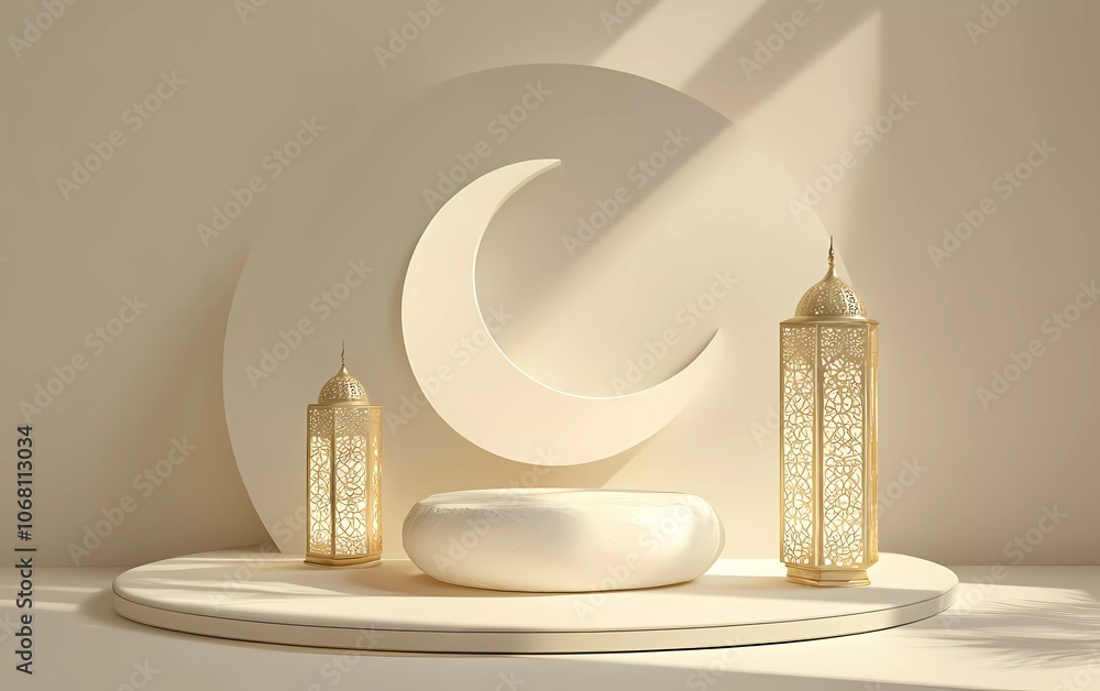 Aufkleber 3d rendering of a ramadan kareem podium with a crescent moon and lanterns for a product display plat
