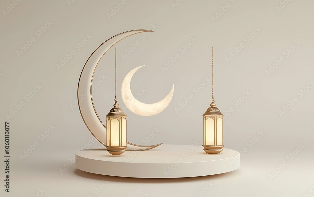 Aufkleber 3d rendering of a ramadan kareem podium with a crescent moon and lanterns for a product display plat