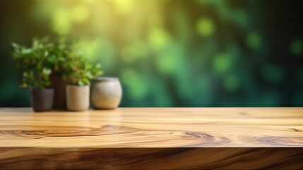 Fototapeta premium Serene Wooden Table with Indoor Plants in Background