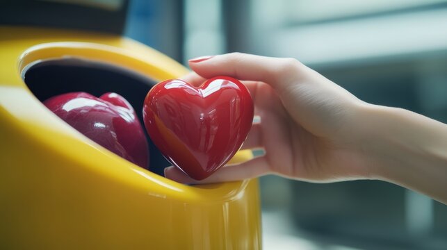 The concept of charity love donate and helping hand Woman hand places heart in the donation slot Donor of blood or human organs saving lives