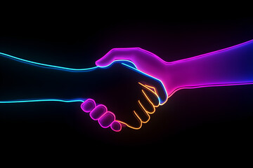 A dynamic neon outline of two clasping hands symbolizing a business agreement set against a dark background --ar 3:2 --s 50