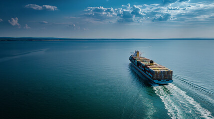Fototapeta premium aerial view of cargo ship sailing on calm ocean water under blue sky
