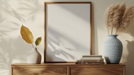 Stylish interior of living room with mock up poster frame wooden commode book leaf in ceramic vase and elegant personal accessories Minimalist concept of home decor Template