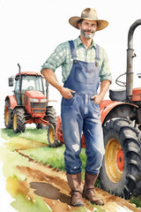 Smiling Farmer in Denim Overalls and Cowboy Hat Standing Next to Vintage Blue Tractor in Rural Countryside with Sunflower and Agricultural Field