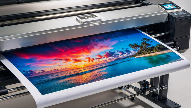 Large Format Professional Photo Printer Producing Vibrant Tropical Beach Sunset Image on High-Quality Paper with Professional Color Output