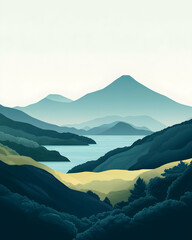 Naklejka premium A serene landscape with a calm lake nestled in the valleys of rolling mountains.