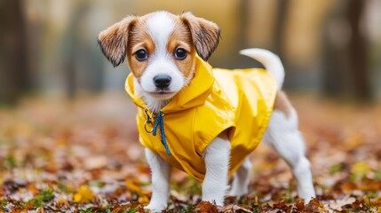 Jack Russell Terrier puppy in a yellow raincoat stands on the autumn foliage in the park