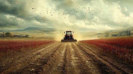 Fototapeta premium A red tractor drives through a field of red clover, leaving a trail of dust and dirt behind it. The sky is overcast and there are birds flying overhead.