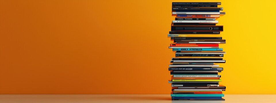 Stack of CDs and VHS tapes on a shelf, in a music-lover's room
