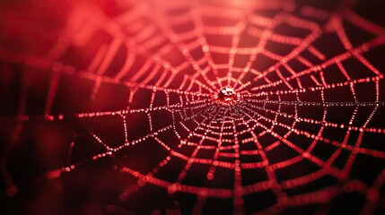 A red spider web glistening in the light on a dark background, designed for Halloween-themed posters, banners, or greeting cards with a spooky vibe.