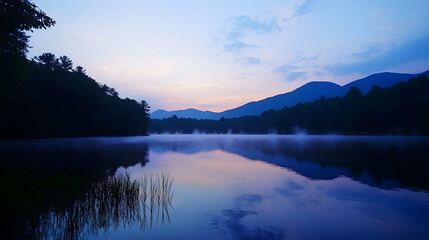 Fototapeta premium A tranquil lake with mist rising from the water at dawn, with a mountain range in the background.