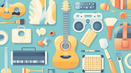 Fototapeta premium A vibrant collection of everyday objects, including a guitar, paintbrushes, a keyboard, a phone, and sunglasses.
