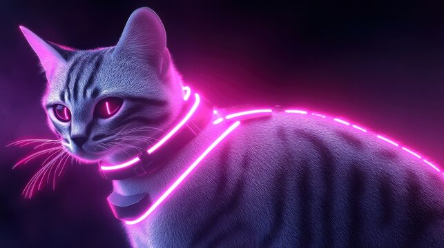 Explore the futuristic charm of a neon-enhanced cat in a vibrant digital landscape