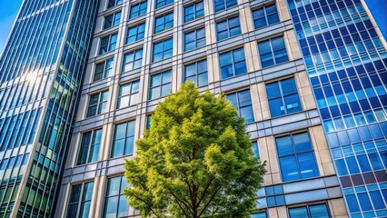 Obraz premium Tall building with large windows and tree in front for charm , architecture, building, urban, city, windows, glass, modern, design