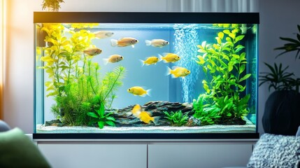 Large aquarium with fish and plants in living room