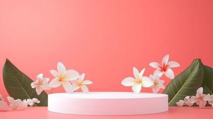 A front view of white podium decorated with flower and pink background with blank space for advertising