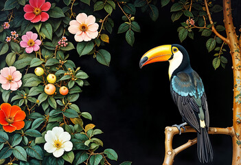 Obraz premium Toucan Bird Painting with Floral Background