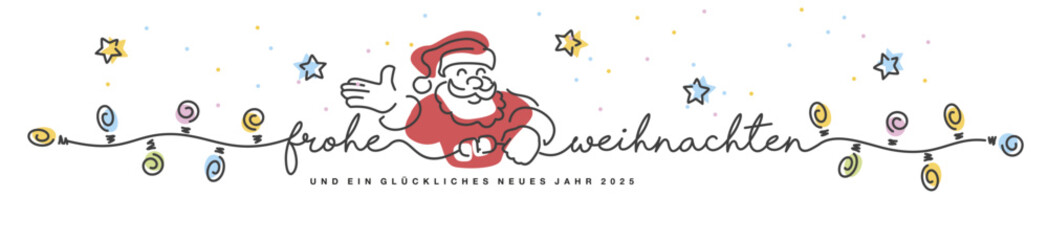 Merry Christmas and Happy new year 2025 German language line design handwritten lettering typography, stars and snowflakes confetti with Santa Claus turns on the Christmas lights on a white background