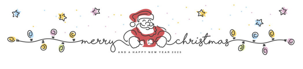 Merry Christmas and Happy new year 2025 line design handwritten lettering typography, stars and snowflakes confetti with Santa Claus turns on the colorful Christmas lights on a white background