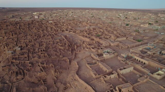 Ouadane or Wadan ancient and new town, Mauritania in Africa. Aerial drone panoramic view
