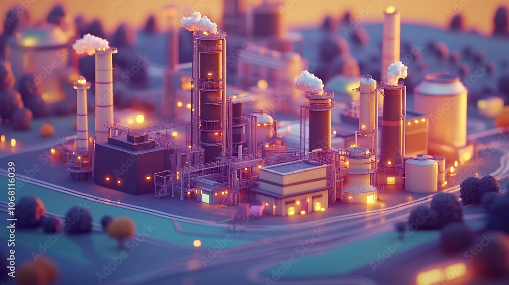 Poster a stylized rendering of a factory complex with glowing lights and smoke stacks emitting steam at dus