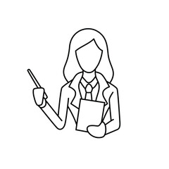 A modern, minimalist icon depicting a professional woman leading a team in a business meeting. The icon features clean lines and simple shapes, representing a confident female leader